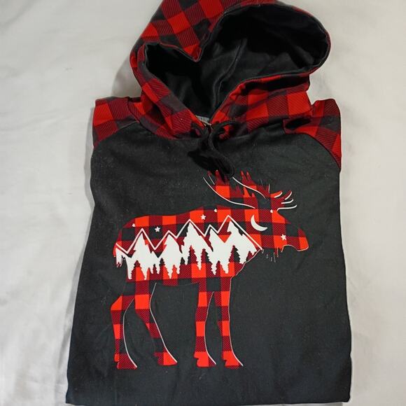 Ugly Christmas Hoodie Men's MOOSE Buffalo Plaid XL Lightweight Red/Black - Picture 4 of 6